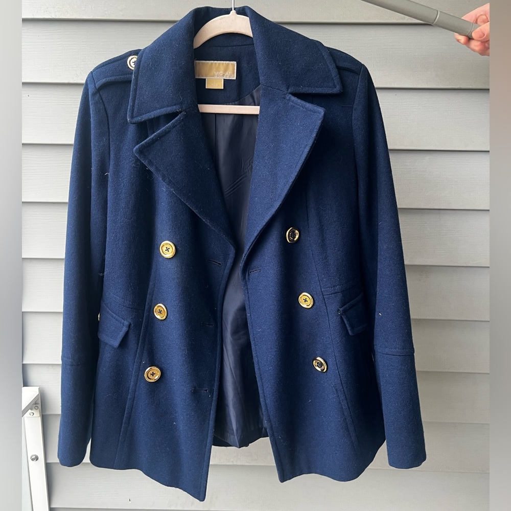MICHAEL Michael Kors Navy Pea Coat with Gold Buttons; size S